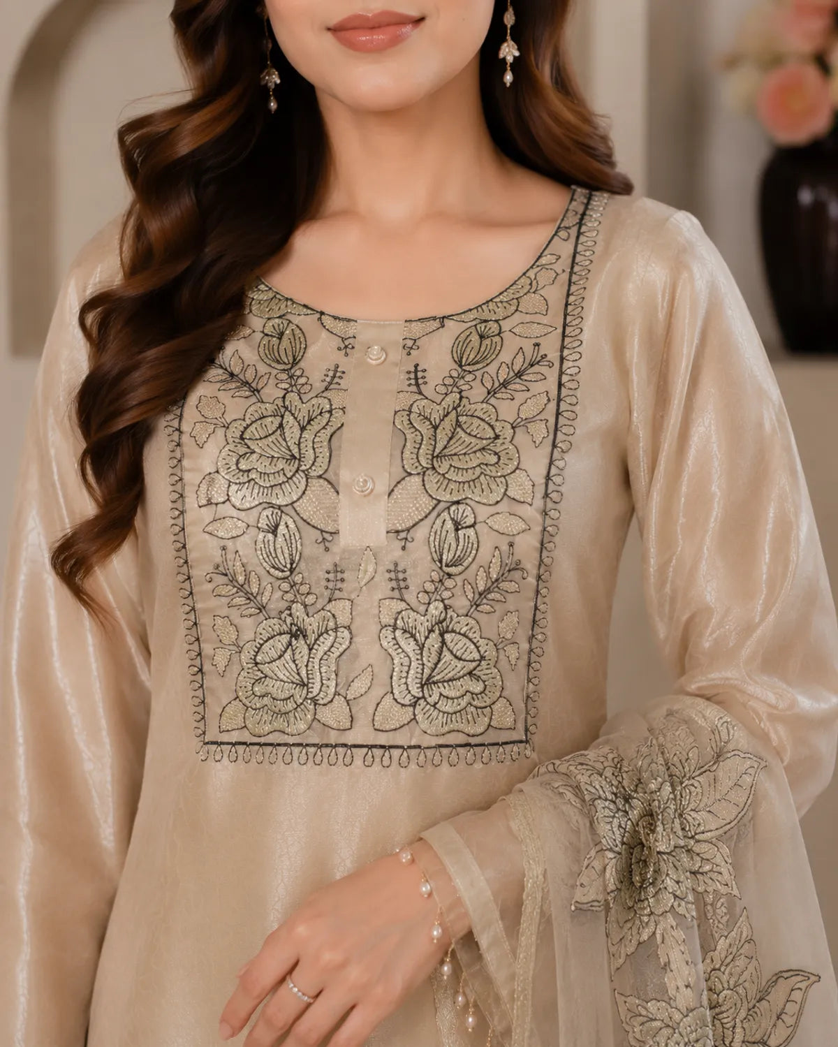 Metallic Beige Jimmy Choo Embroidered Cut Work Kurta With Pant & Dupatta Set