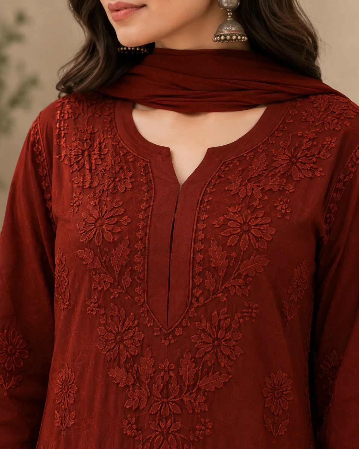 Brown Georgette Chikankari Embroidery Kurta With Pant And Dupatta For Women