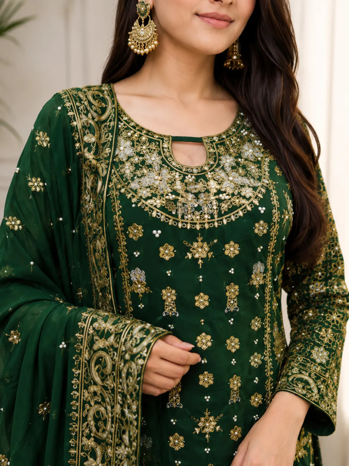 Dark Green Heavy Embroidered Party Wear Kurta With Palazzo And Dupatta For Women