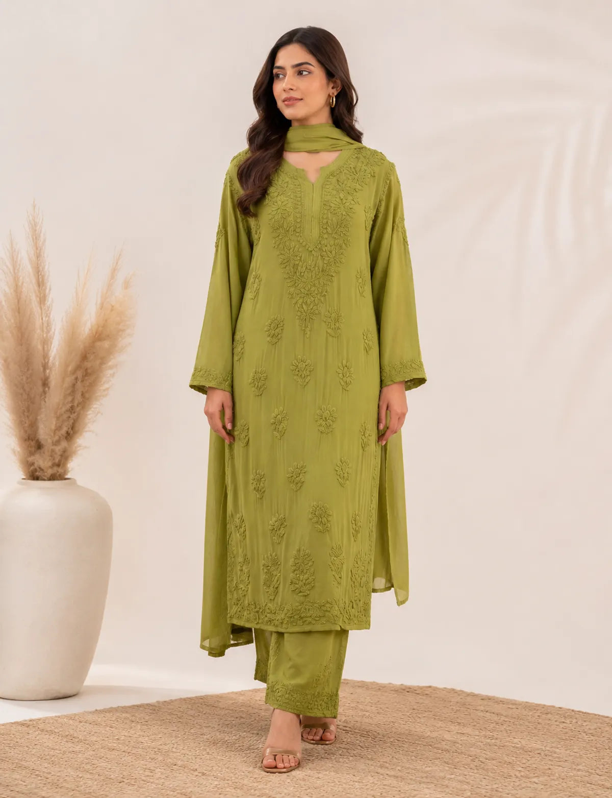Olive Green Georgette Chikankari Embroidery Kurta With Pant And Dupatta For Women