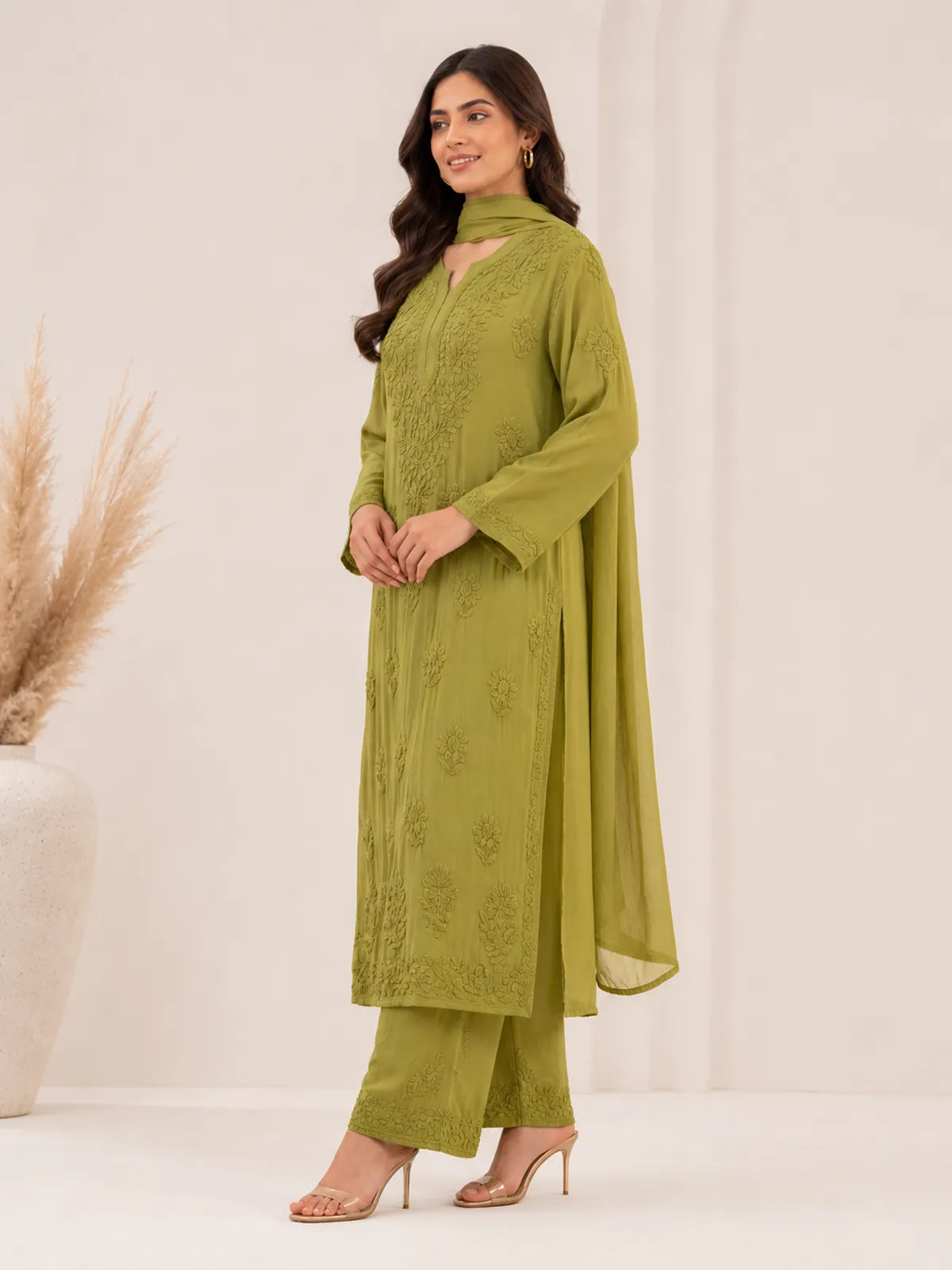 Olive Green Georgette Chikankari Embroidery Kurta With Pant And Dupatta For Women