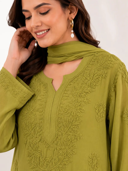 Olive Green Georgette Chikankari Embroidery Kurta With Pant And Dupatta For Women