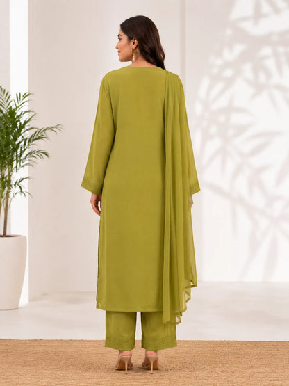 Olive Green Georgette Chikankari Embroidery Kurta With Pant And Dupatta For Women