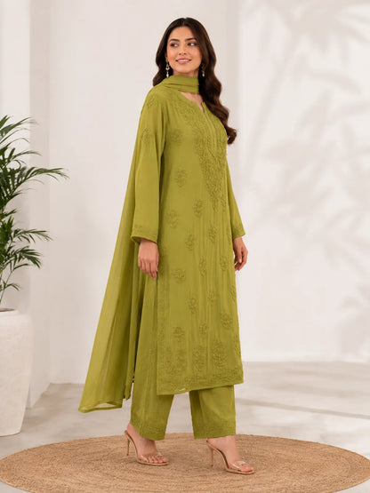 Olive Green Georgette Chikankari Embroidery Kurta With Pant And Dupatta For Women
