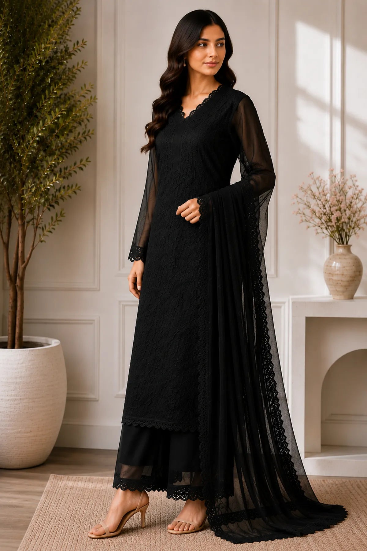 Black Georgette Chikankari Embroidery Kurta With Pant And Dupatta For Women