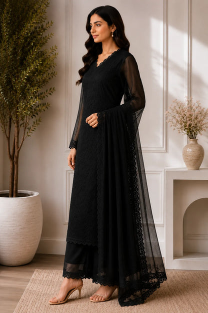 Black Georgette Chikankari Embroidery Kurta With Pant And Dupatta For Women