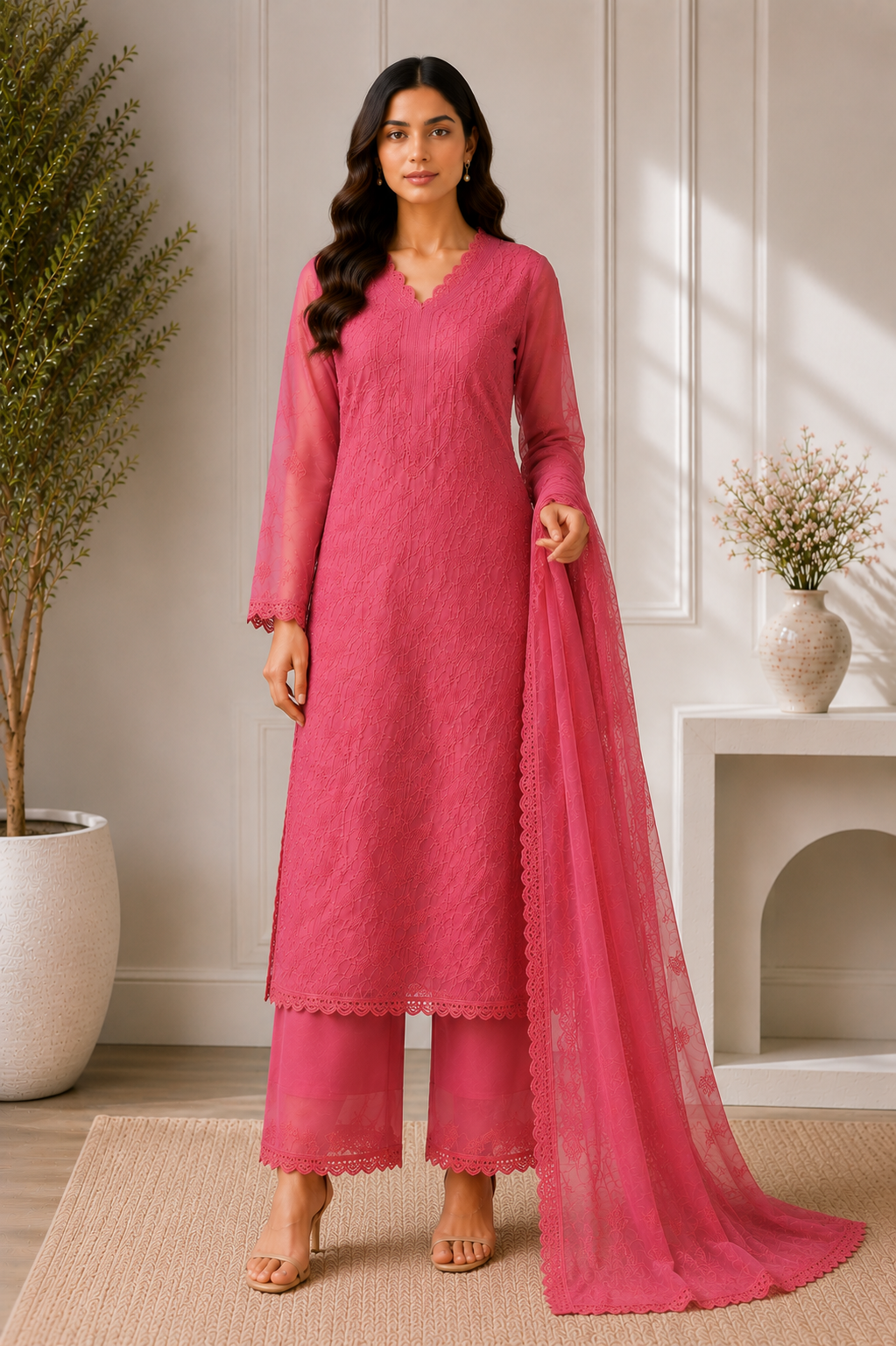 Pastel Pink Georgette Chikankari Embroidery Kurta With Pant And Dupatta For Women