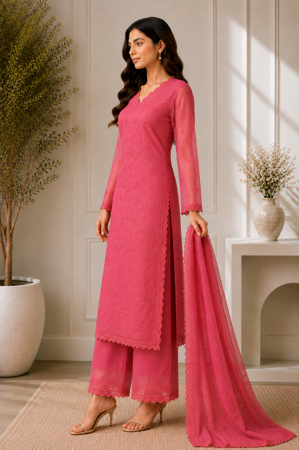 Pastel Pink Georgette Chikankari Embroidery Kurta With Pant And Dupatta For Women