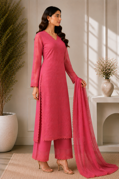 Pastel Pink Georgette Chikankari Embroidery Kurta With Pant And Dupatta For Women