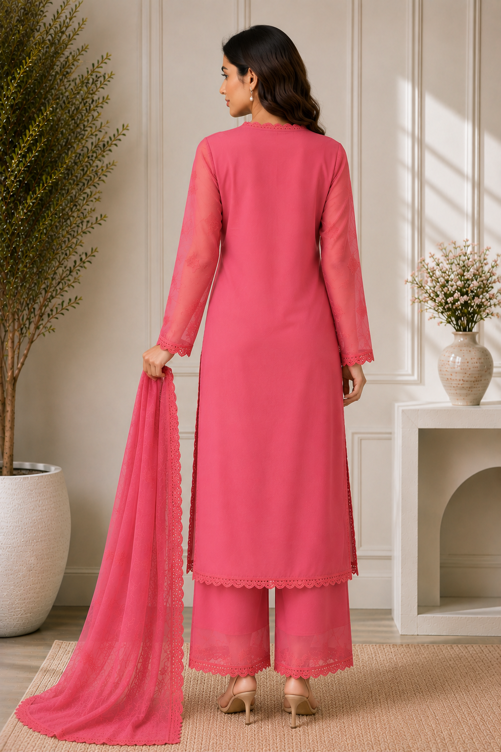 Pastel Pink Georgette Chikankari Embroidery Kurta With Pant And Dupatta For Women