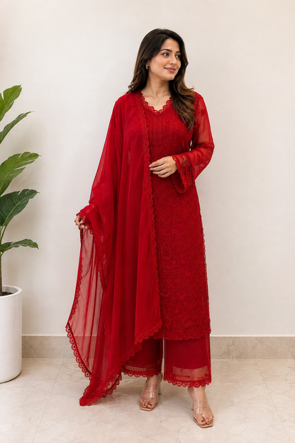 Red Georgette Chikankari Kurta Set With Dupatta