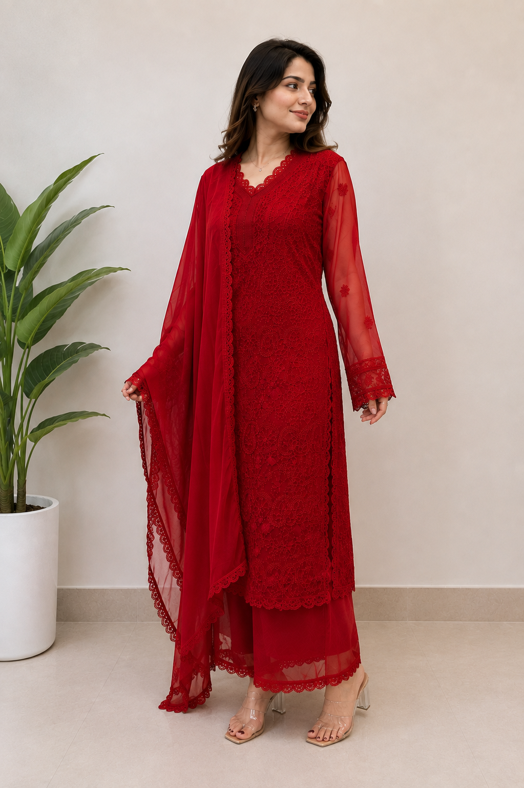 Red Georgette Chikankari Kurta Set With Dupatta
