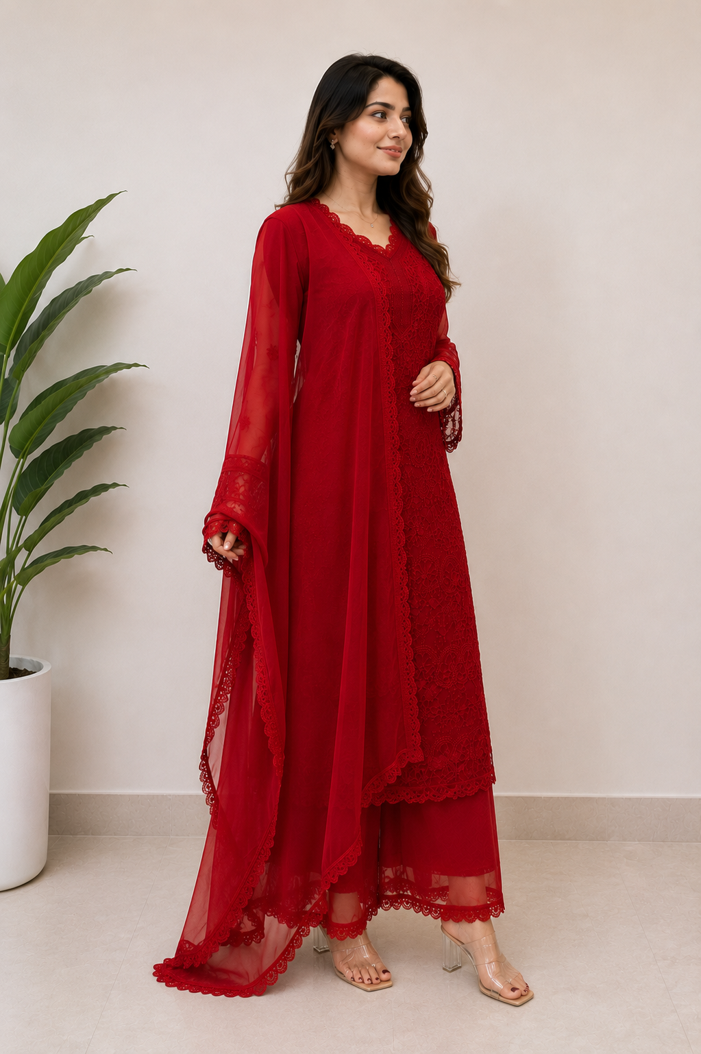 Red Georgette Chikankari Kurta Set With Dupatta
