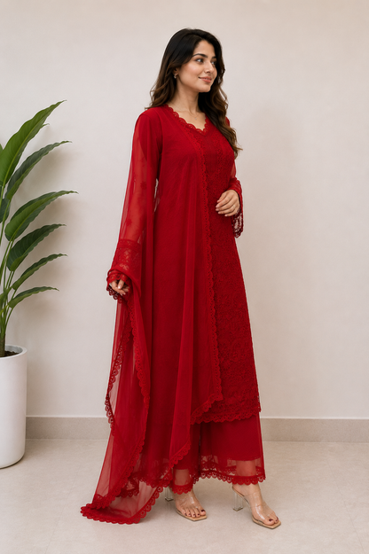 Red Georgette Chikankari Kurta Set With Dupatta