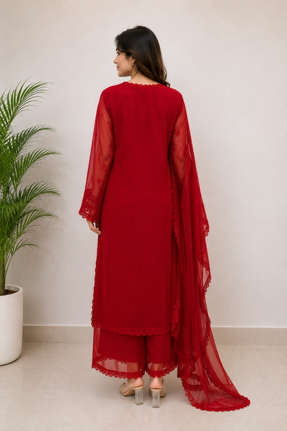 Red Georgette Chikankari Kurta Set With Dupatta