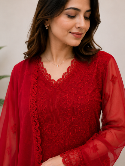 Red Georgette Chikankari Kurta Set With Dupatta