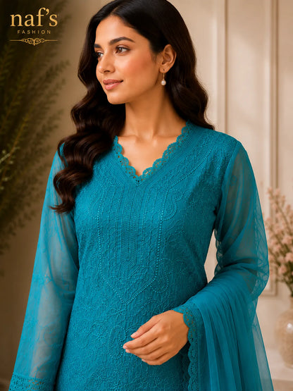 Pastel Teal Georgette Chikankari Embroidery Kurta With Pant And Dupatta For Women