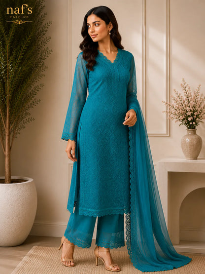 Pastel Teal Georgette Chikankari Embroidery Kurta With Pant And Dupatta For Women