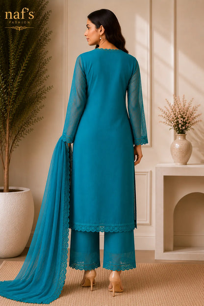 Pastel Teal Georgette Chikankari Embroidery Kurta With Pant And Dupatta For Women