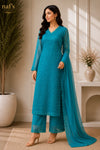 Pastel Teal Georgette Chikankari Embroidery Kurta With Pant And Dupatta For Women