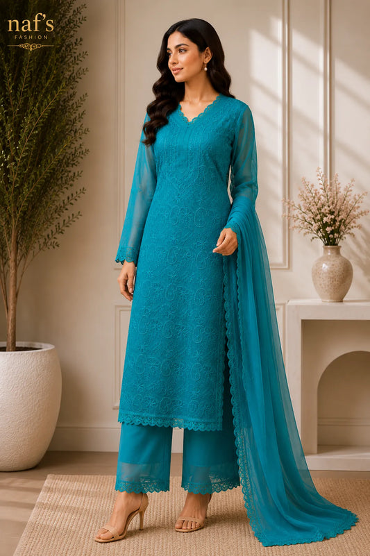 Pastel Teal Georgette Chikankari Embroidery Kurta With Pant And Dupatta For Women