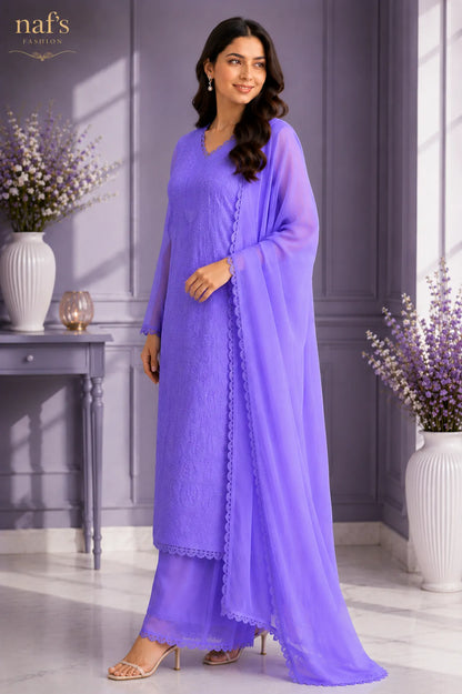 Lavender Georgette Chikankari Embroidery Kurta With Pant And Dupatta For Women