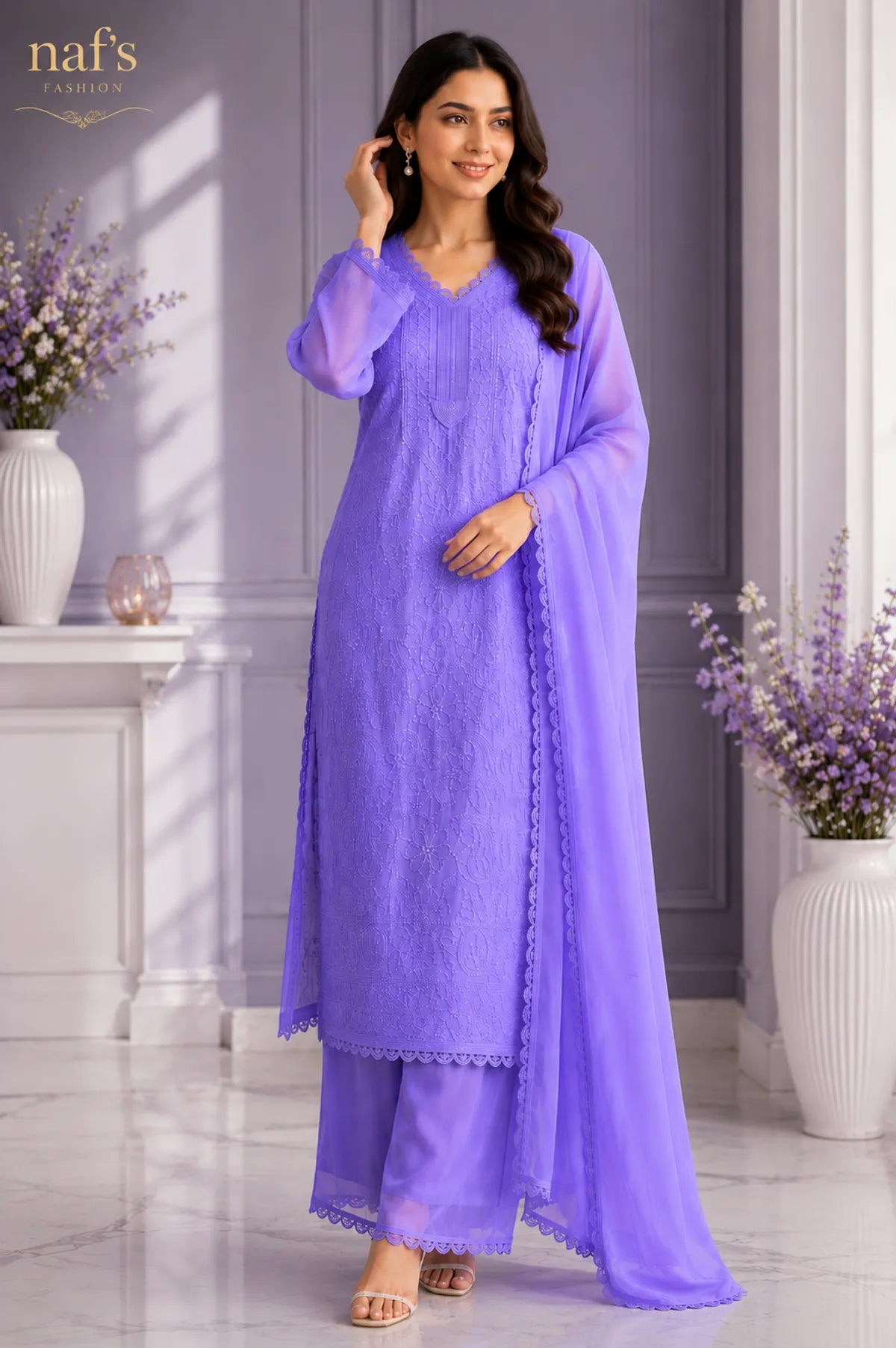 Lavender Georgette Chikankari Embroidery Kurta With Pant And Dupatta For Women