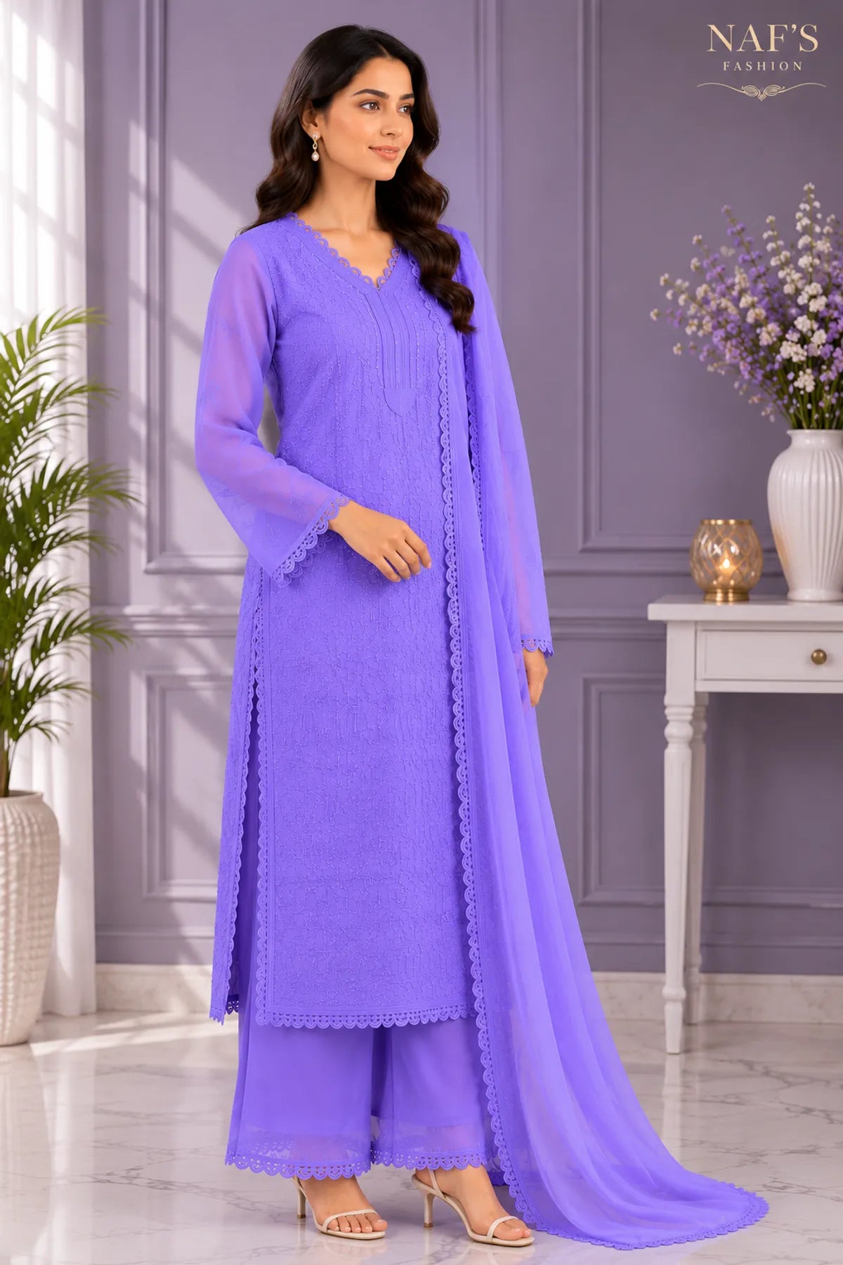 Lavender Georgette Chikankari Embroidery Kurta With Pant And Dupatta For Women