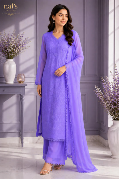 Lavender Georgette Chikankari Embroidery Kurta With Pant And Dupatta For Women