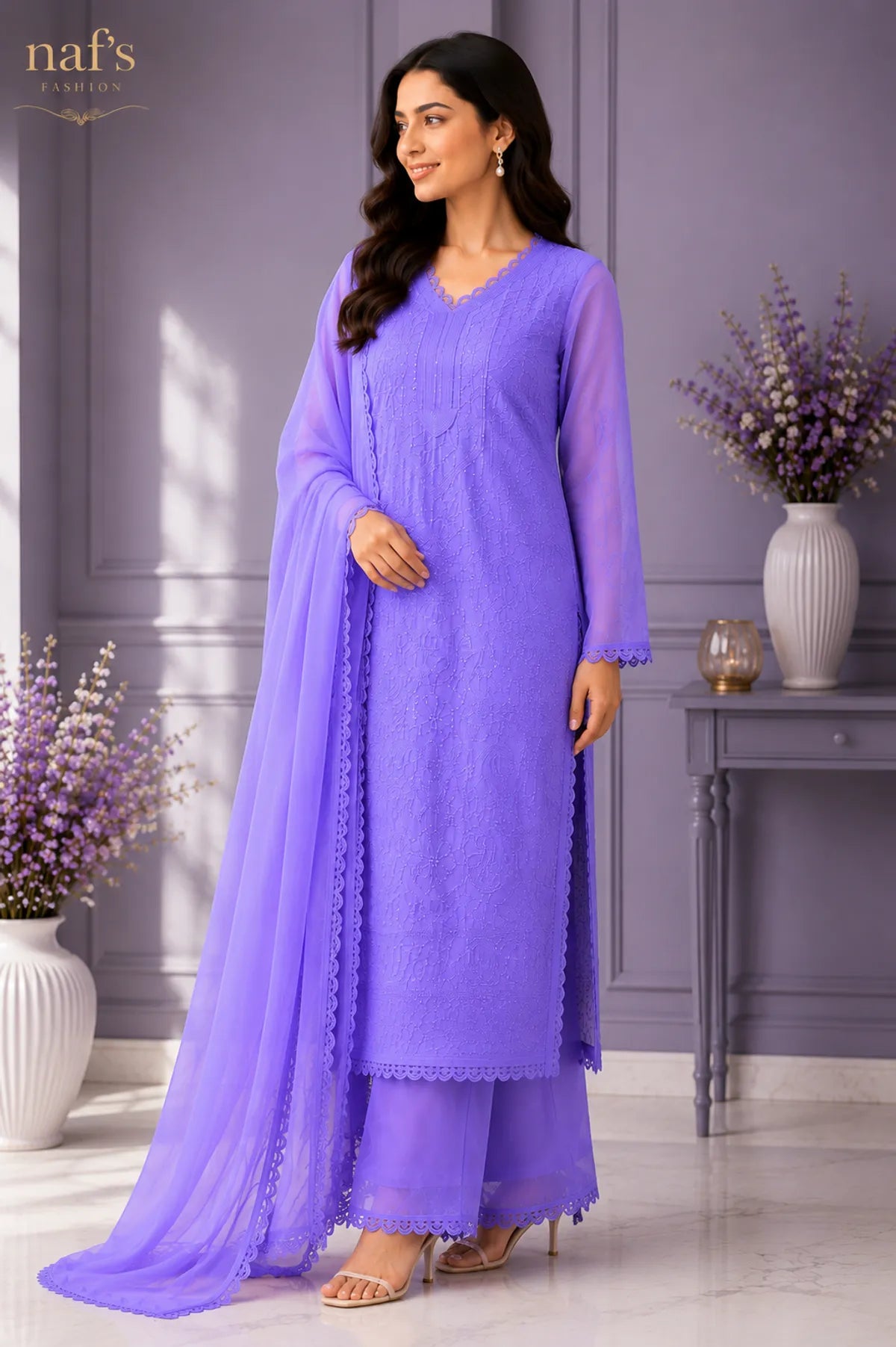 Lavender Georgette Chikankari Embroidery Kurta With Pant And Dupatta For Women
