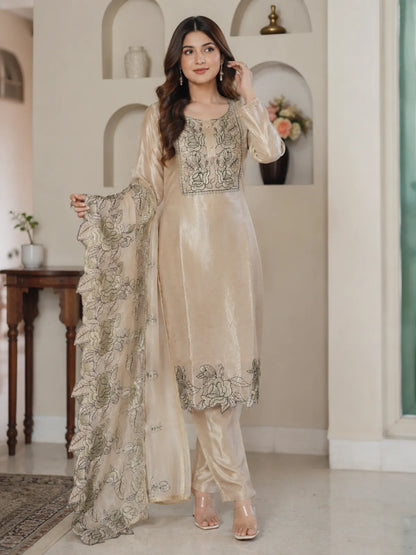 Metallic Beige Jimmy Choo Embroidered Cut Work Kurta With Pant & Dupatta Set