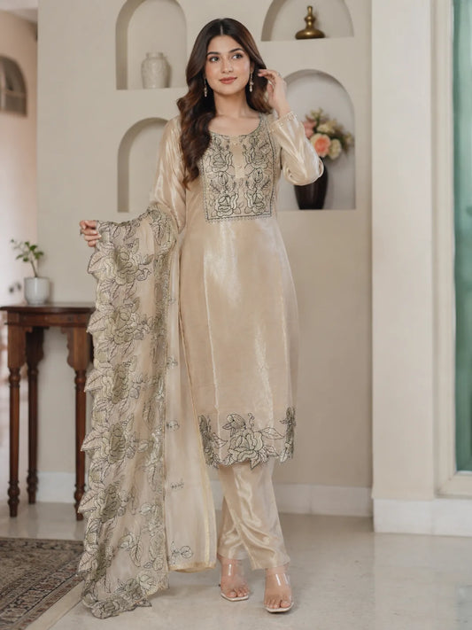 Metallic Beige Jimmy Choo Embroidered Cut Work Kurta With Pant & Dupatta Set