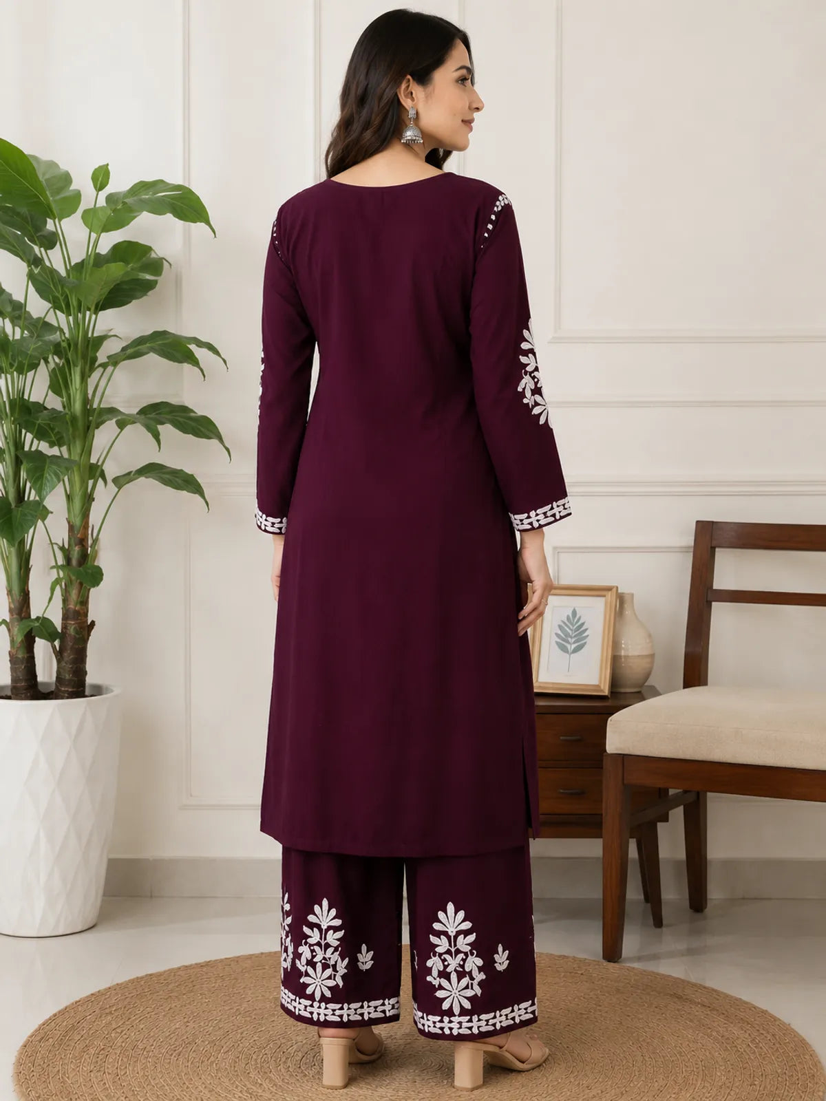 Wine Rayon Cotton Chikankari Embroidery Kurta With Palazzo For Women