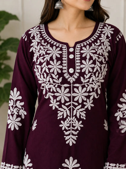 Wine Rayon Cotton Chikankari Embroidery Kurta With Palazzo For Women