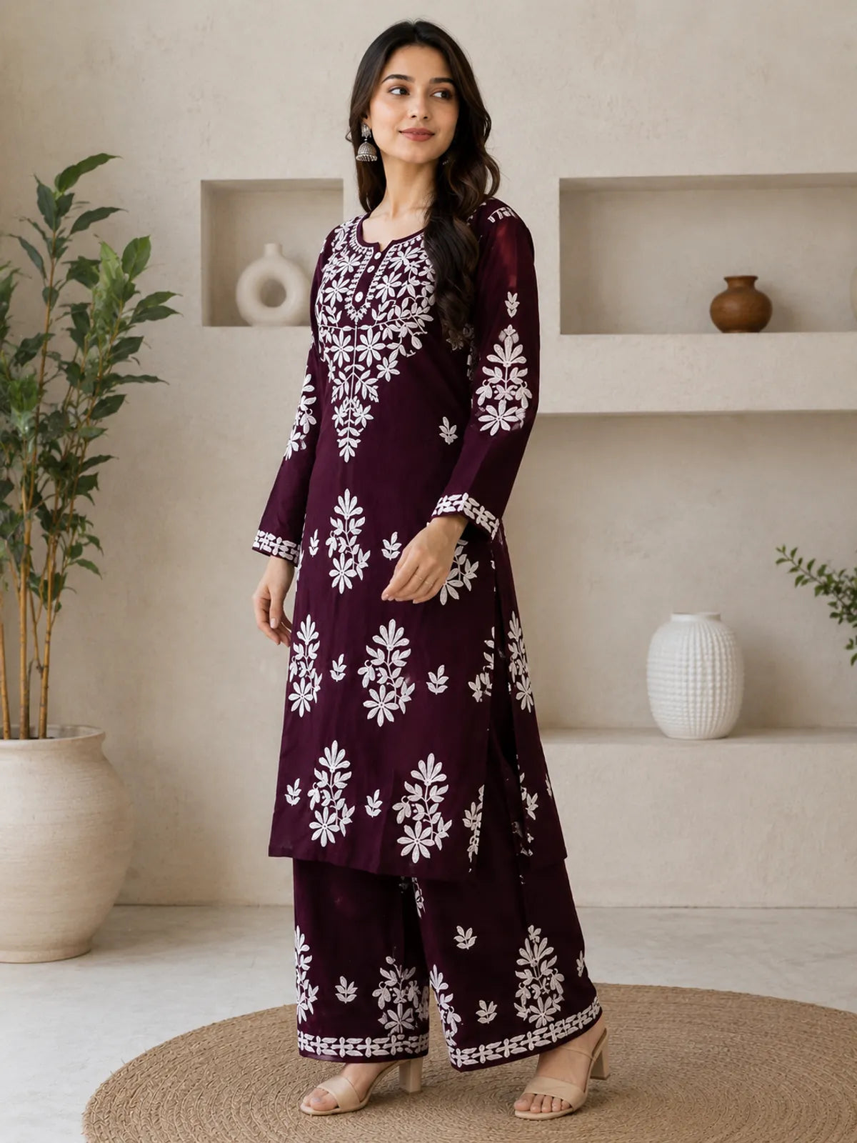 Wine Rayon Cotton Chikankari Embroidery Kurta With Palazzo For Women