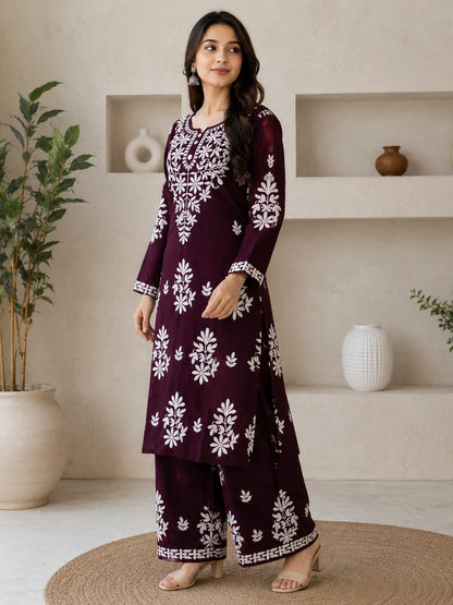 Wine Rayon Cotton Chikankari Embroidery Kurta With Palazzo For Women