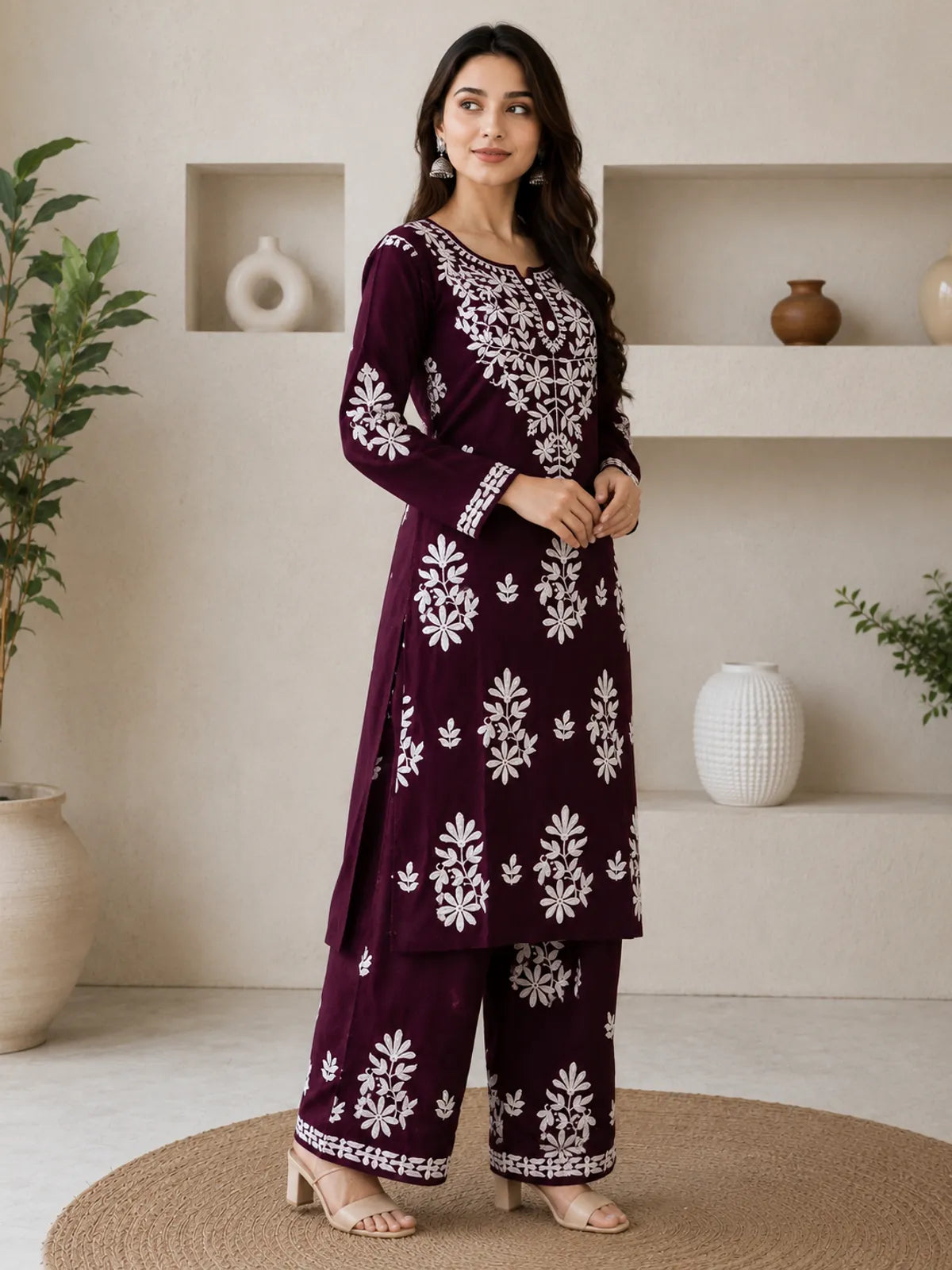 Wine Rayon Cotton Chikankari Embroidery Kurta With Palazzo For Women