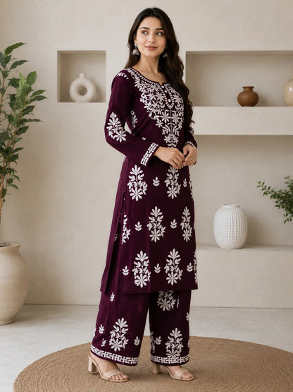 Wine Rayon Cotton Chikankari Embroidery Kurta With Palazzo For Women