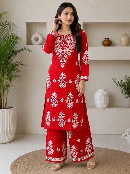 Red Rayon Cotton Chikankari Embroidery Kurta With Palazzo For Women