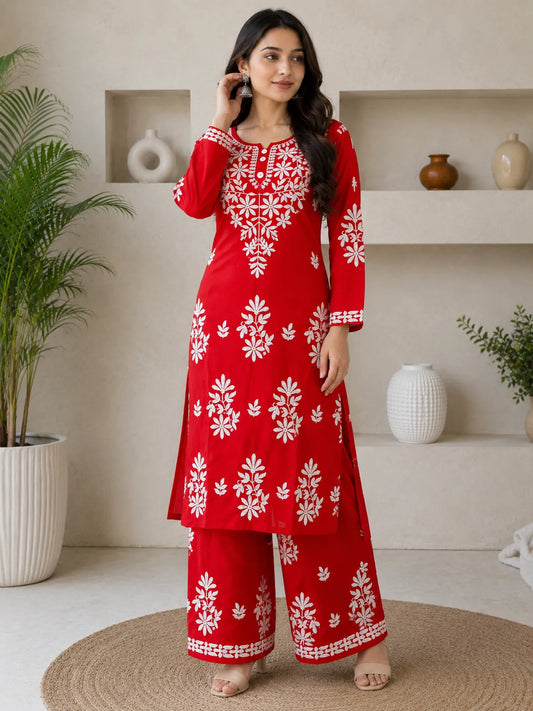 Red Rayon Cotton Chikankari Embroidery Kurta With Palazzo For Women