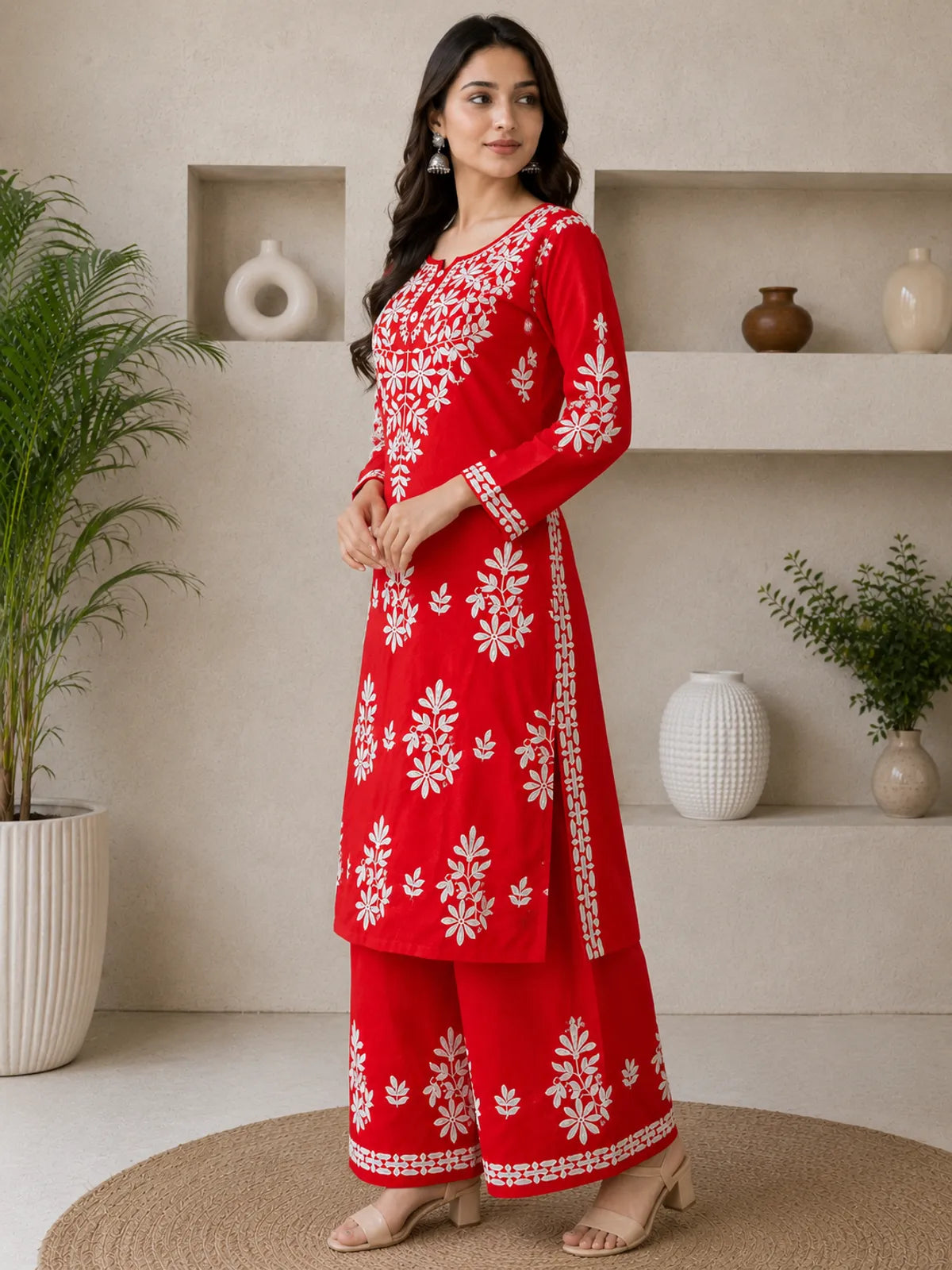 Red Rayon Cotton Chikankari Embroidery Kurta With Palazzo For Women
