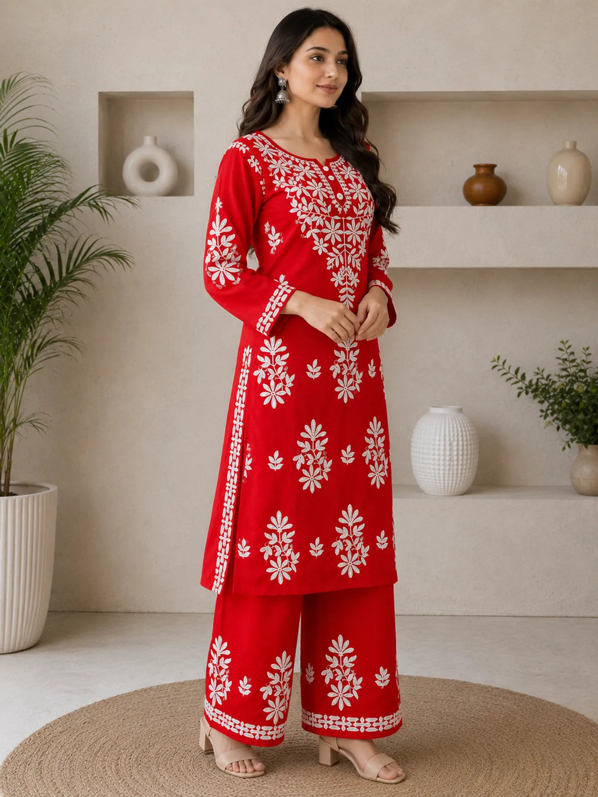 Red Rayon Cotton Chikankari Embroidery Kurta With Palazzo For Women