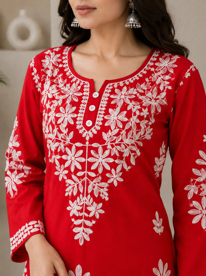 Red Rayon Cotton Chikankari Embroidery Kurta With Palazzo For Women