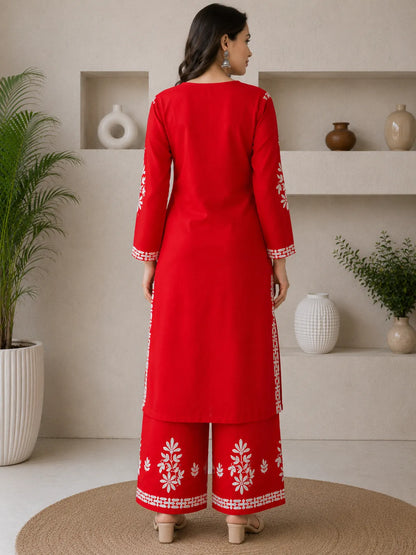 Red Rayon Cotton Chikankari Embroidery Kurta With Palazzo For Women