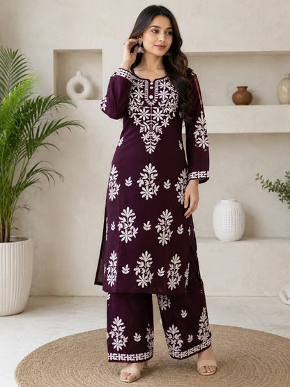 Wine Rayon Cotton Chikankari Embroidery Kurta With Palazzo For Women
