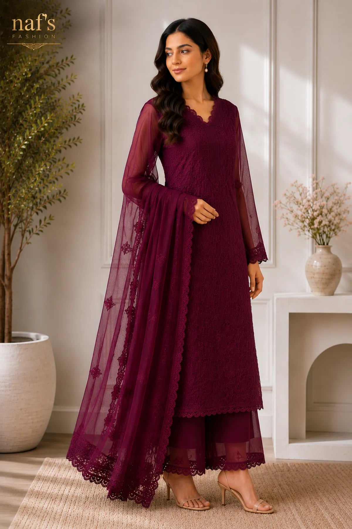 Wine Georgette Chikankari Embroidery Kurta With Pant And Dupatta For Women
