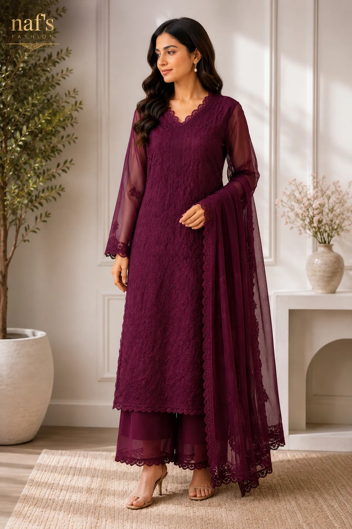 Wine Georgette Chikankari Embroidery Kurta With Pant And Dupatta For Women