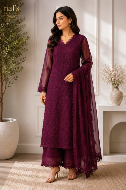 Wine Georgette Chikankari Embroidery Kurta With Pant And Dupatta For Women