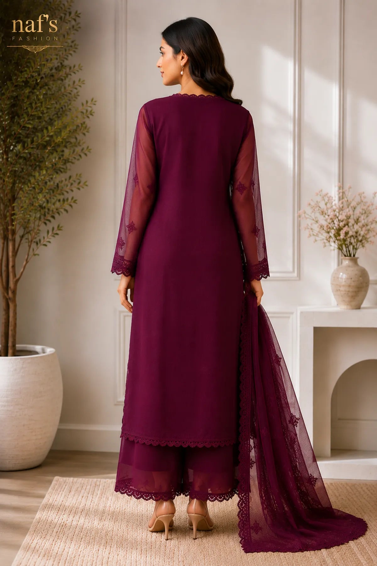Wine Georgette Chikankari Embroidery Kurta With Pant And Dupatta For Women