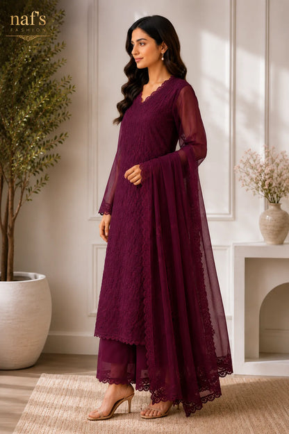 Wine Georgette Chikankari Embroidery Kurta With Pant And Dupatta For Women